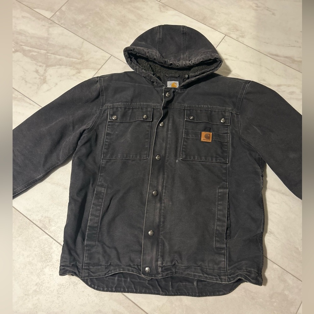 Vintage Carhartt Men's Charcoal Hooded Jacket